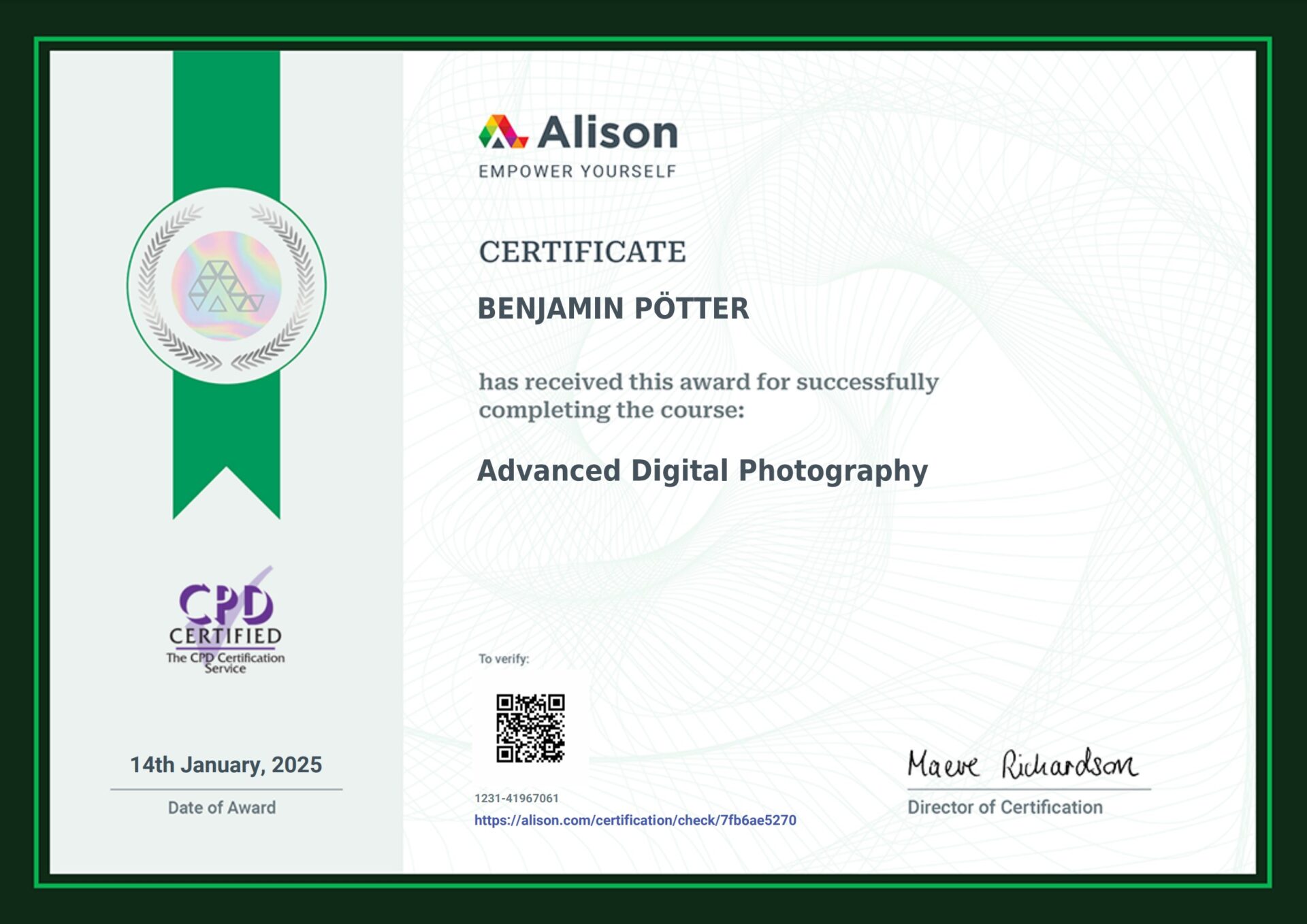 Certificate in Advanced Digital Photography awarded to Benjamin Pötter.