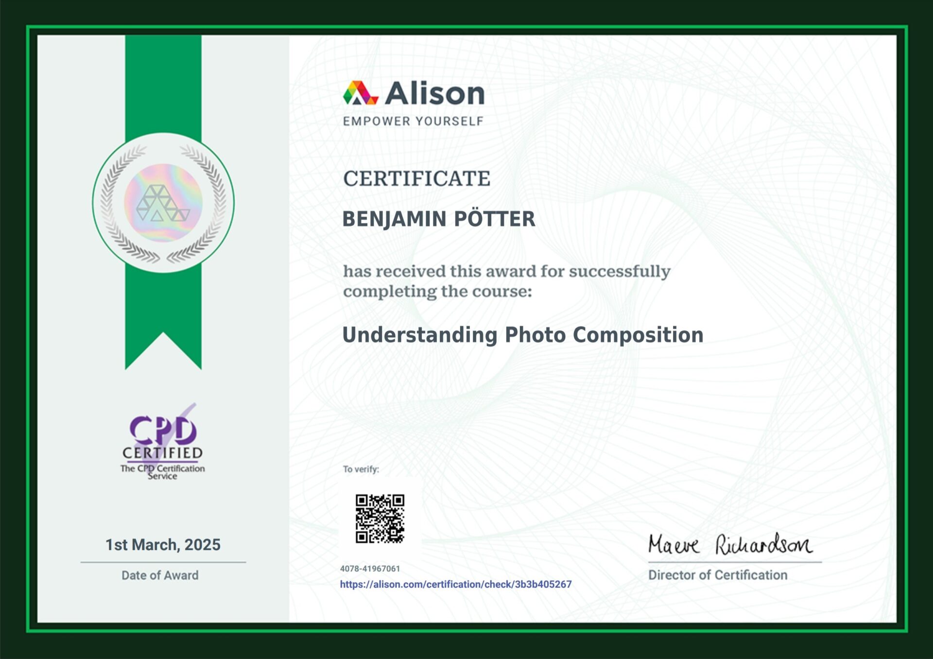 Certificate in Understanding Photo Composition awarded to Benjamin Pötter.